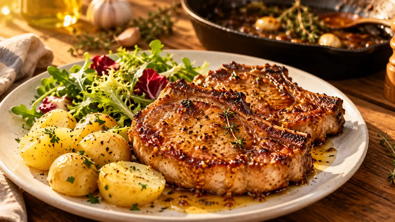 Cotes de porc mariné au miel, poêlées et laquées