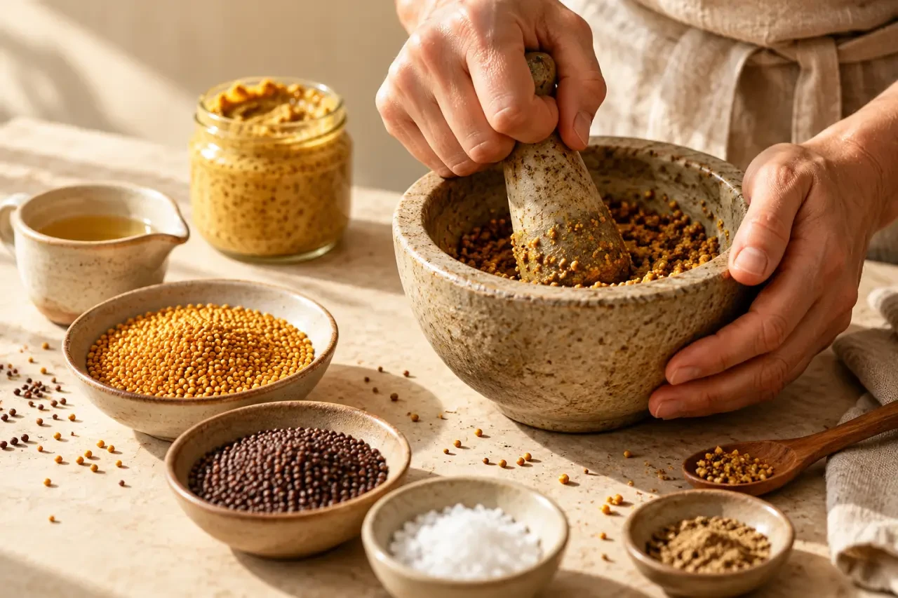 Atelier moutarde Dijon avec broyage des graines et préparation artisanale