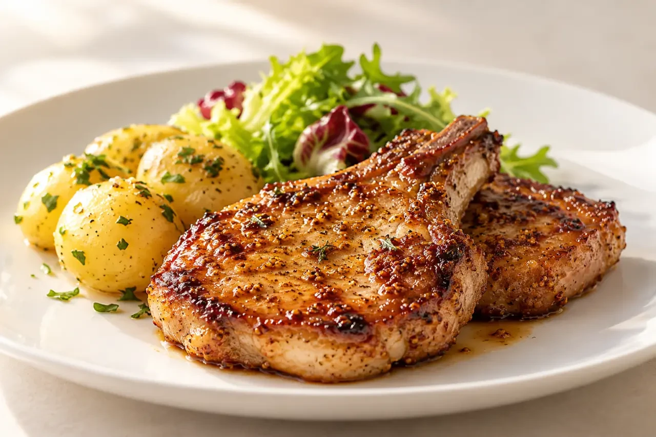 Côtes de porc marinées au miel et à la moutarde, dorées et servies avec des pommes de terre