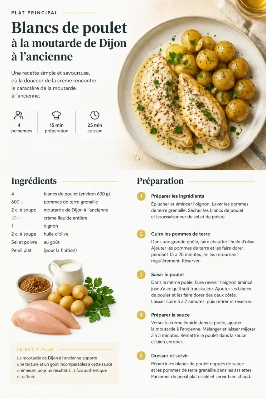 Blancs de poulet à la moutarde de Dijon, sauce crémeuse et pommes de terre grenaille