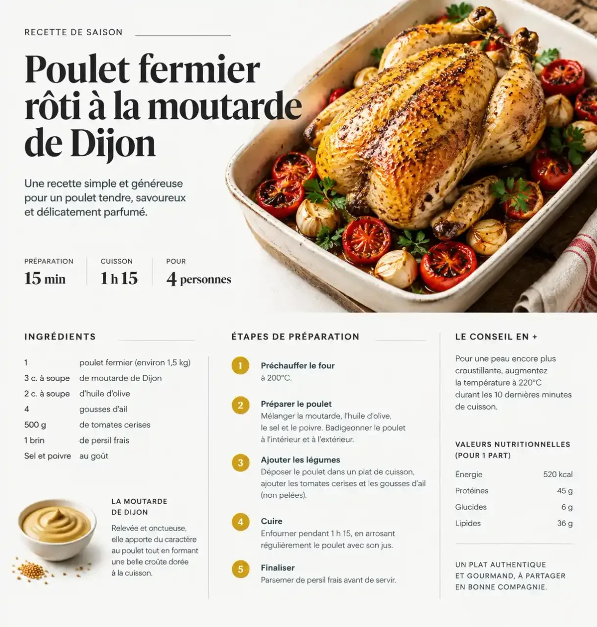 Poulet à la moutarde de Dijon rôti entier, peau dorée, tomates et persil dans un plat de cuisson