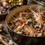 Lapin au vin blanc en cocotte, sauce crémeuse aux champignons