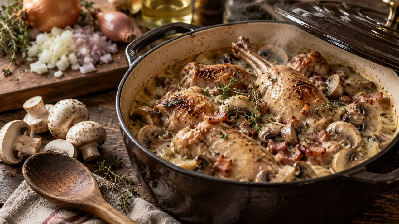 Lapin au vin blanc en cocotte, sauce crémeuse aux champignons