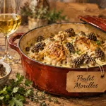 Poulet au vin jaune et morilles, sauce onctueuse en cocotte