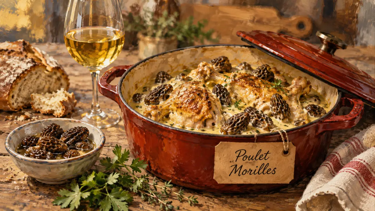 Poulet au vin jaune et morilles, sauce onctueuse en cocotte