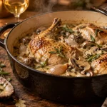 Recette pintade en sauce au vin blanc en cocotte, chair moelleuse