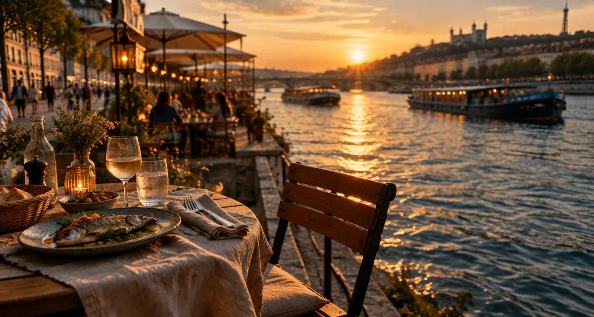 Restaurant bord de saone : table en terrasse avec vue sur la Saône